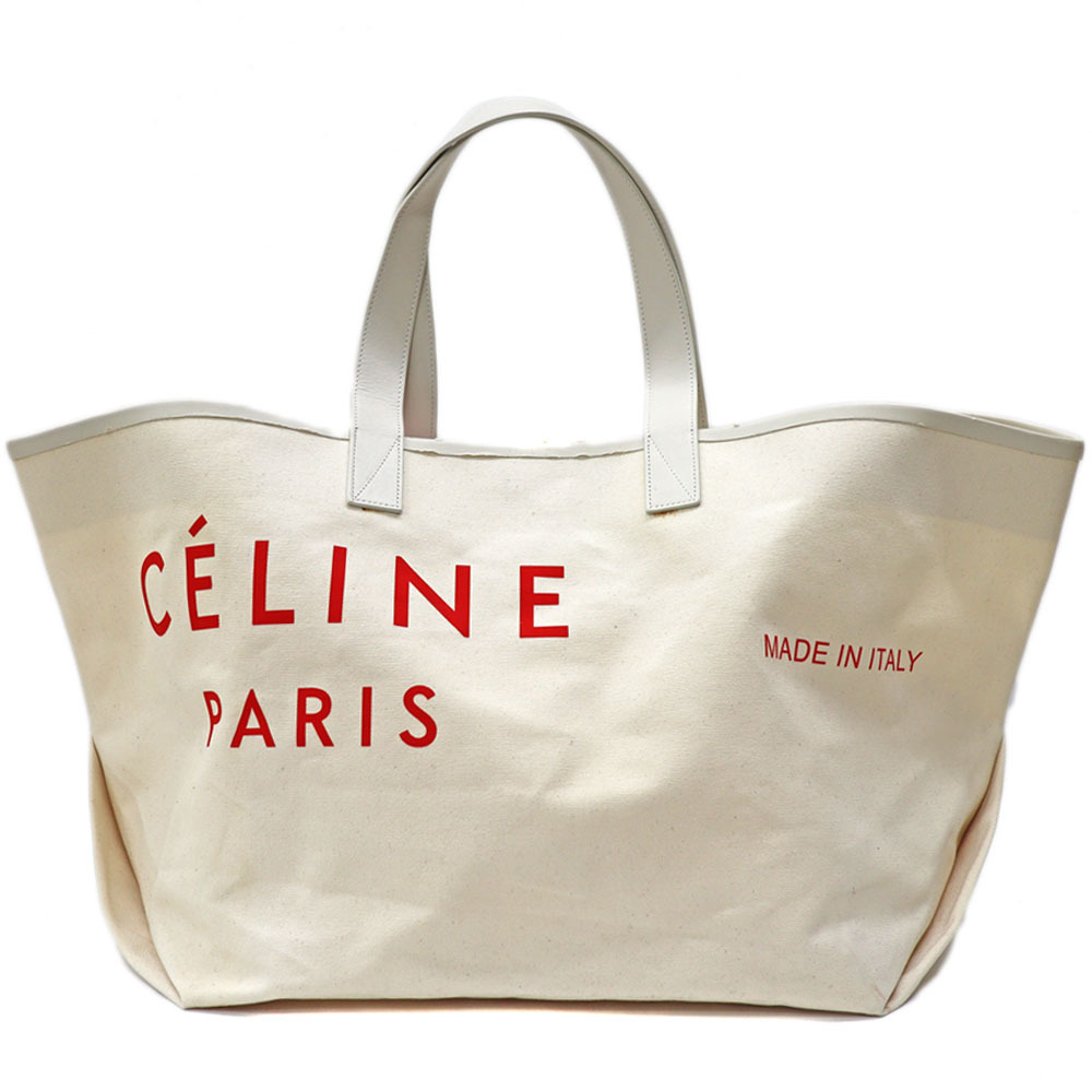 Celine Tote Canvas Leather Ivory White Red